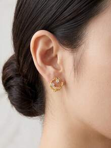 18K Gold Wreath Stud Earrings With Zirconia For Women Everyday 925 Sterling Silver Flower And Leaves Earring Jewelry - Gold - View 2