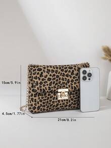 Cute Versatile Leopard Print Shoulder Crossbody Bag, Women's Chain Small Square Bag, Suitable For Various Occasions, With Lining, Metal Lock Closure, Large Capacity - Black - View 3
