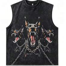 2026 New Arrival Summer Unisex Cerberus Doberman Graphic T-Shirt,Sleeve Tee, Gothic Three-Headed Dog Print Oversized Top For Streetwear - 黑色背心 - 查看 7