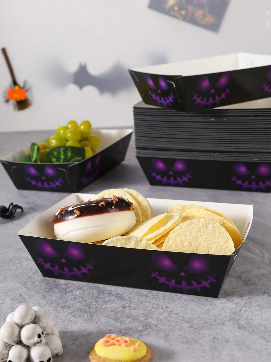 20/30/40pcs Purple Pumpkin Face Halloween Disposable Paper Food Boxes, Suitable For Cookies, Snacks, Popcorn, Fries, Candy Buffet, Dessert Table, Movie Night, Party Tableware Supplies - Purple Scary Face - View 1