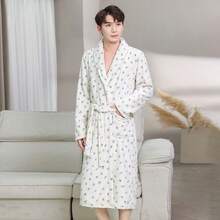 1pc Cream White Micro Blue Floral Print All-Over Coral Fleece Robe, Suitable For Men And Women, Ruffled Collar, Belt Design, Loose Fit, Anti-Slip, Suitable For Bathing And Home Warmth - Multicolor - View 4