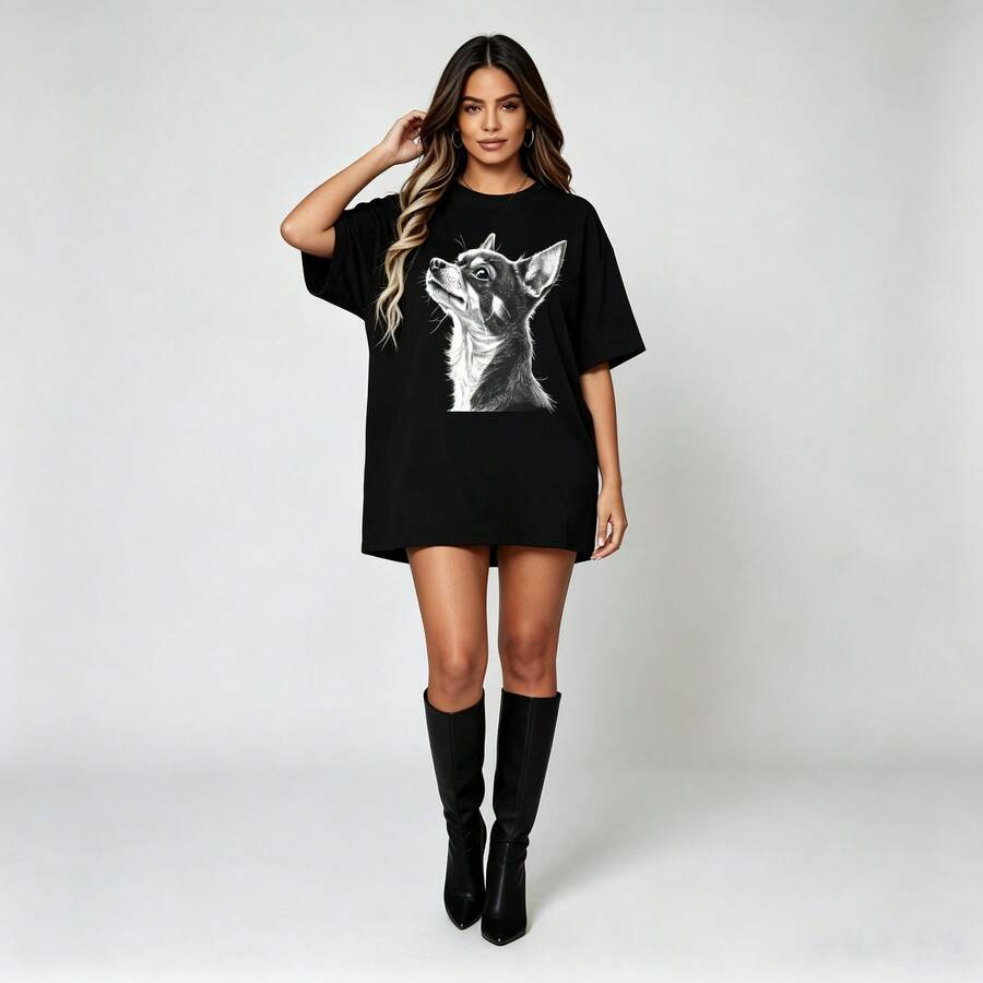Camiseta Mujer Estampado Chihuahua, Ropa Casual Manga Corta para Amantes de Mascotas y Dueños de Chihuahua - Negro - Ver 1