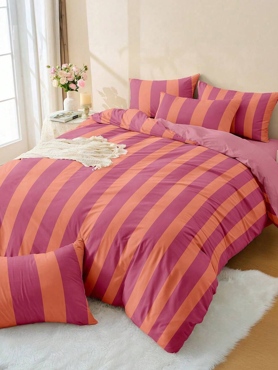 2/3pcs Striped Bedding Set, Soft & Breathable Bed Sheet, Anti-Pilling, Cute Home Textiles, Striped Pattern Duvet Cover & Pillowcase, Suitable For Twin/Full/Queen/King Bed, Room Decor, All Season, Machine Washable