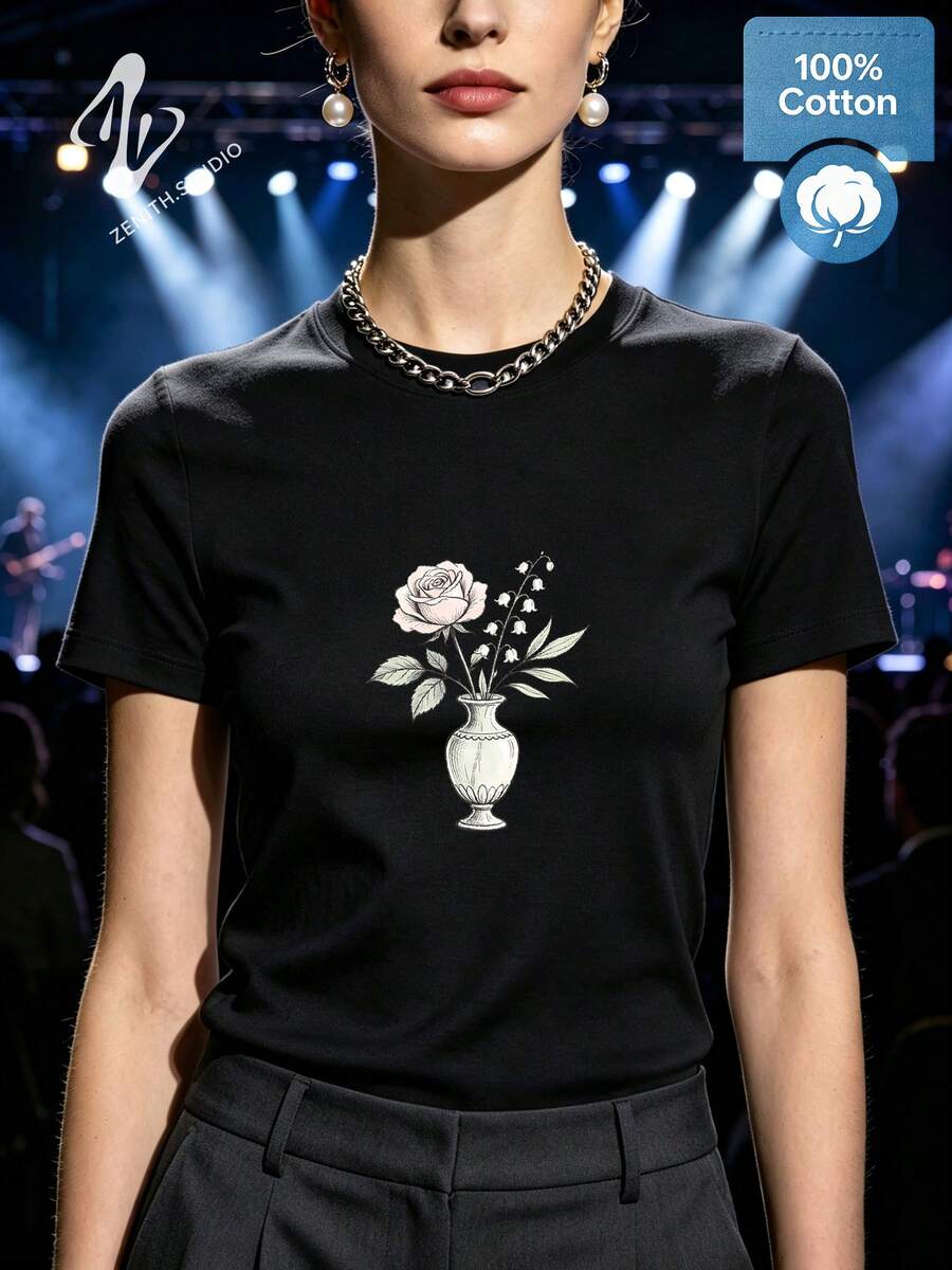 Vase Roses Romantic Pastoral Pure Cotton Short Sleeve Daily Dating Spring Summer Women's T-Shirt - 黑色 - 查看 1