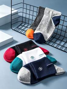 5 Pairs Contrast Color Round Logo Pure Cotton Mid-Calf Sports Socks, Comfortable, Odor-Resistant, Durable, For Men, Outdoor Running And Home Wear - Multicolor - View 5