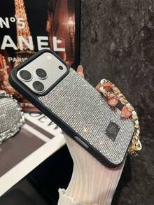 1pc Fashionable Diamond Inlaid Phone Case With Lanyard, Travel Essentials, Phone Charms, Suitable For IPhone 17 Pro Max - White - View 4