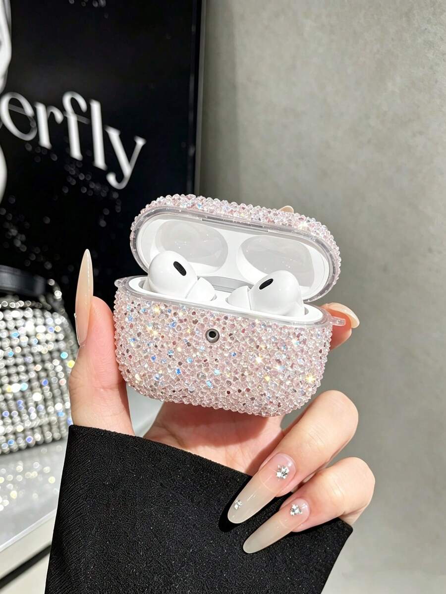 1pc Fully Transparent PC Bluetooth Earphone Protective Hard Shell, Surface Embedded With Colorful Transparent Rhinestones, Compatible With Apple Bluetooth Earphones 1/2/3/Pro/Pro2, Shiny Crystal Rhinestone Case, Elegant Colorful Rhinestone Luxury Feel. - Baby Pink - View 1