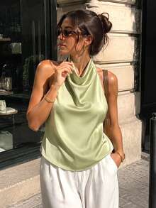 Women's Summer Halter Top, Spring Vacation Satin Cute Street Style Top - Mint Green - View 2
