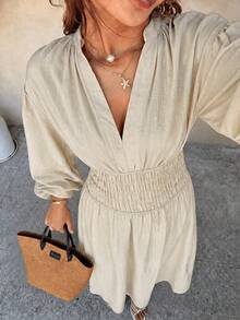 Beige Linen Midi Dress, Women Stand Collar V Neck Lantern Long Sleeve Smocked Waist Flowy A Line Casual Vacation Sundress - Apricot - View 3