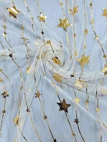 1pc Chain Gold Foil Star Mesh Fabric, Table Runner Gauze Curtain Five-Pointed Star Dress Fabric Gauze
