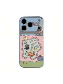 1pc Large Window Lychee Texture Color Block Summer Animal Park Style Fresh Color Minimalist Phone Case White To Lychee Texture Suitable For 13/14/15/16/17 PRO PROMAX PLUS Full Coverage Large Window Phone Case - Multicolor - View 4