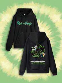 SHEIN X Rick and Morty 1件中性黑色寬鬆連帽衛衣，雙面動漫印花，卡通街頭風秋季款 - 黑色 - 查看 6