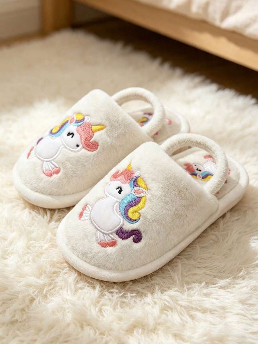 Autumn/Winter Cartoon Unicorn Warm Slippers, Lightweight Indoor Plush Slippers For Boys, Girls And Infants - White - View 1