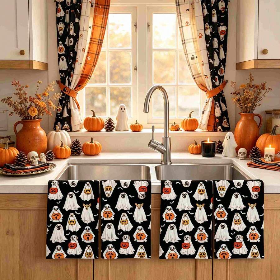 2/4/48pcs Halloween Series Ghost Puppy Pattern Printed Kitchen Towels - Super Soft, Highly Absorbent Polyester Dish Cloths And Hand Towels, Perfect For Holiday Decor, Kitchen Decor, Party Decor
