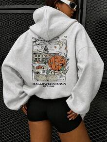 Halloween Pumpkin Letter Print Sweatshirt, Plus Size Women's Casual Autumn/Winter Long Sleeve Pocket Sweatshirt Sweatshirt, Suitable For Winter Holiday Outfits, Beach Outfits, Vacation Outfits, Autumn Outfits, Halloween Outfits, Christmas Outfits, New Year Outfits. Suitable For Daily Wear, Outings, Excursions, Holidays, Beach, Parties, Birthdays, Beach, Gatherings, School, Music Festivals, Vacations, Commuting, Fitness, Weddings, New Year, Fashionable, Winter Tops, Women's Autumn Outfits, Women's Holiday Clothing - Light Grey - View 1