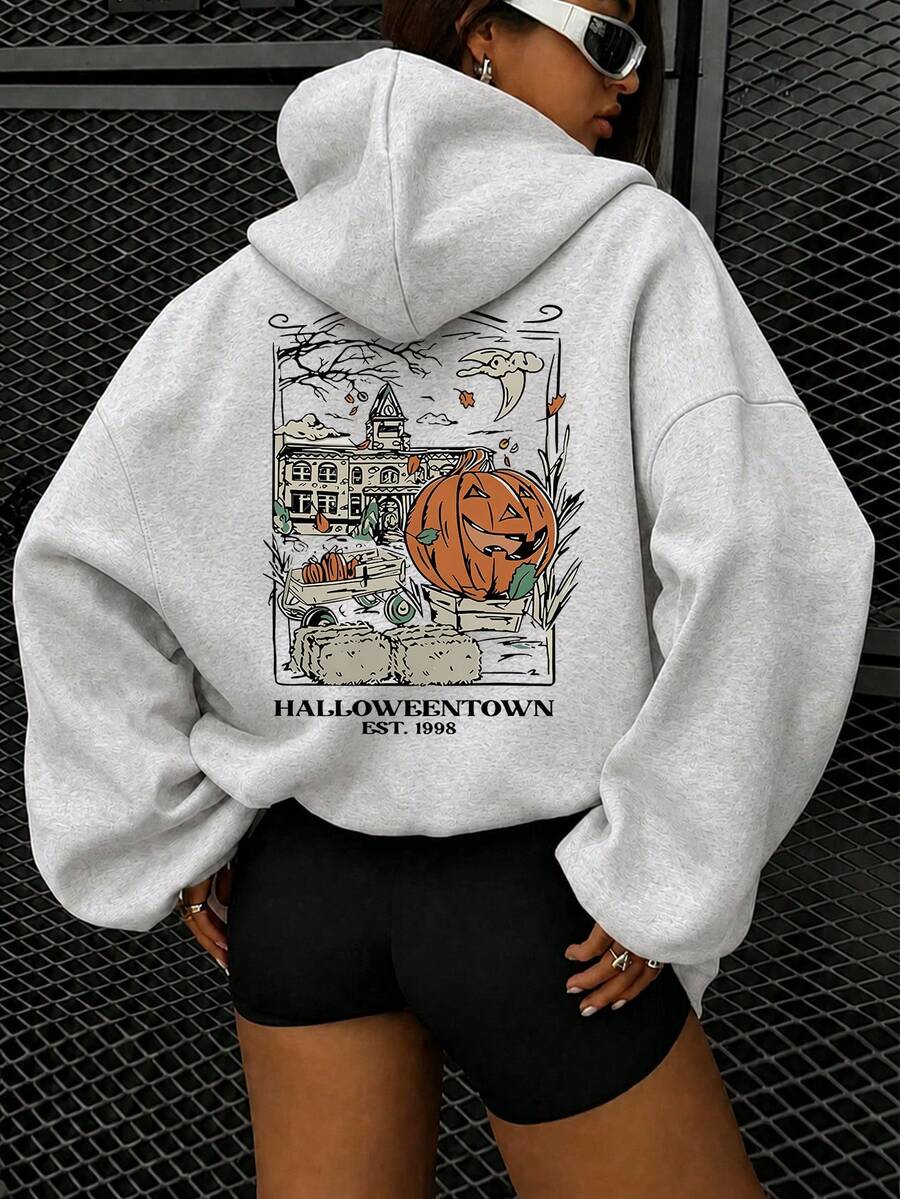 Halloween Pumpkin Letter Print Sweatshirt, Plus Size Women's Casual Autumn/Winter Long Sleeve Pocket Sweatshirt Sweatshirt, Suitable For Winter Holiday Outfits, Beach Outfits, Vacation Outfits, Autumn Outfits, Halloween Outfits, Christmas Outfits, New Year Outfits. Suitable For Daily Wear, Outings, Excursions, Holidays, Beach, Parties, Birthdays, Beach, Gatherings, School, Music Festivals, Vacations, Commuting, Fitness, Weddings, New Year, Fashionable, Winter Tops, Women's Autumn Outfits, Women's Holiday Clothing - Light Grey - View 1