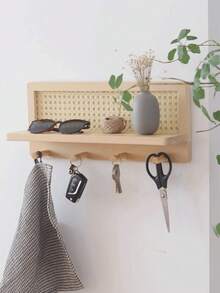 2 estantes rectangulares de madera montados en la pared con decoración floral tejida, estante para guardar llaves, montaje en pared con instalación perforada. - Beis - Ver 1