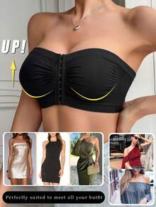 2 Peças Sutiã Bandeau Sem Alças Sem Fio Feminino, Sutiã com Fechamento Frontal Antiderrapante, Costas de Malha Oca Respirável, Adequado para Uso Diário e Festas - Multicolorido - Visão 5