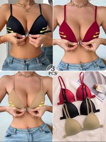 3pcs Multi-Color Front Closure Wireless Bra Set, With Fixed Pads, Detachable Straps, Cross Back Women's Lingerie, Suitable For A-C Cup - Multicolor - View 2