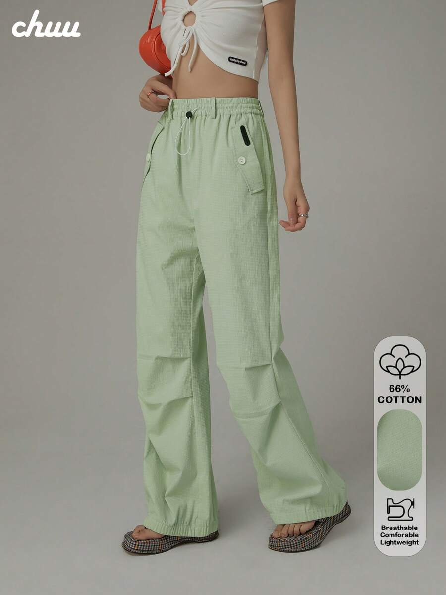 CHUU Women's High Waist Drawstring Casual Pants, Spring/Autumn Personalized Cargo Pants, Loose Fit, Versatile, Thin, Slimming Long Pants - Green - View 1