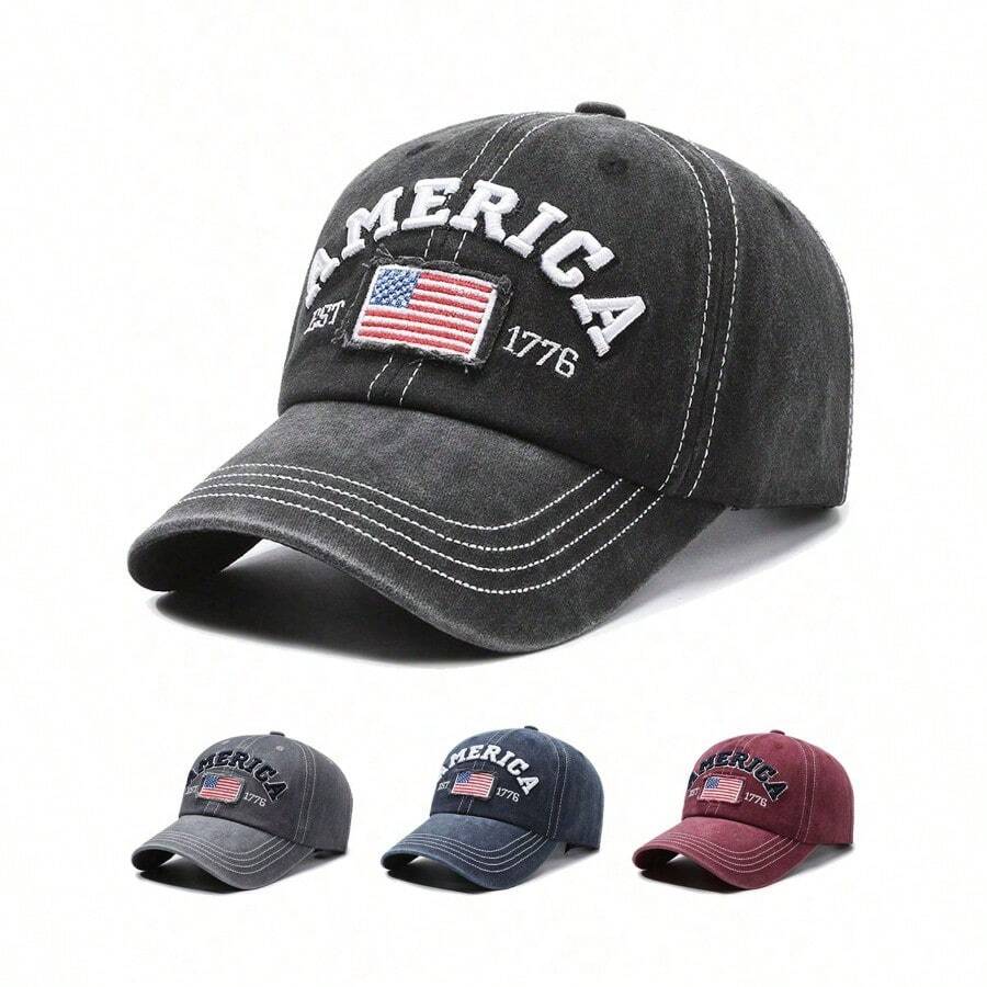 1pc America 3D Embroidered Letter, EST 1776 Embroidered, United States Of America Flag Embroidered, US Flag Embroidered Baseball Cap, Fashionable Casual Soft Top Hat, Outdoor Sports Sun Hat, Unisex - Multicolor - View 1