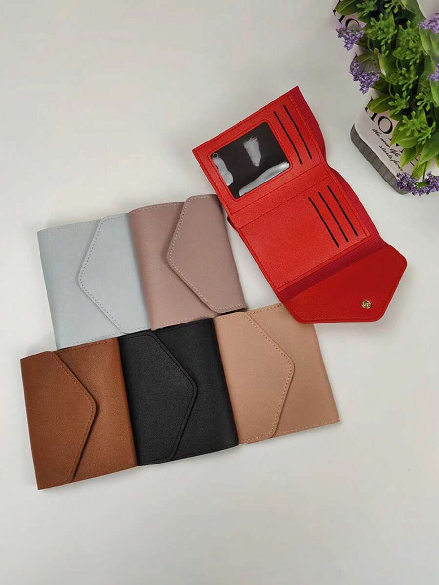 1 pieza,Cartera de mujer de unicolor de cuero PU con tres pliegues, botón de presión, mini monedero para tarjetas con ventana para identificación - Multicolor - Ver 1