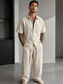 Blueprint Man Men's 2-Piece Set, Apricot Linen-Like Dropped Shoulder Short Sleeve Shirt + Long Pants, Drawstring Waist Design, Comfortable Soft Textured Fabric, Durable And Resistant To Deformation, Casual Fashion Minimalist Old Money Style, Suitable For Daily Commute And Vacation - Apricot - View 2