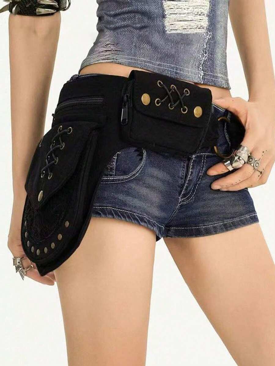 Y2K American Retro Punk Hot Girl Style Motorcycle Waist Bag New Design Niche Personalized Waist Belt Layering Accessory - Black - View 1