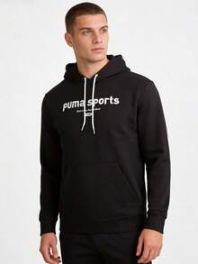 PUMA sweatshirt pullover kasual olahraga dengan hoodie dan cetakan huruf, gaya dasar serbaguna untuk pria. - Hitam - View 1