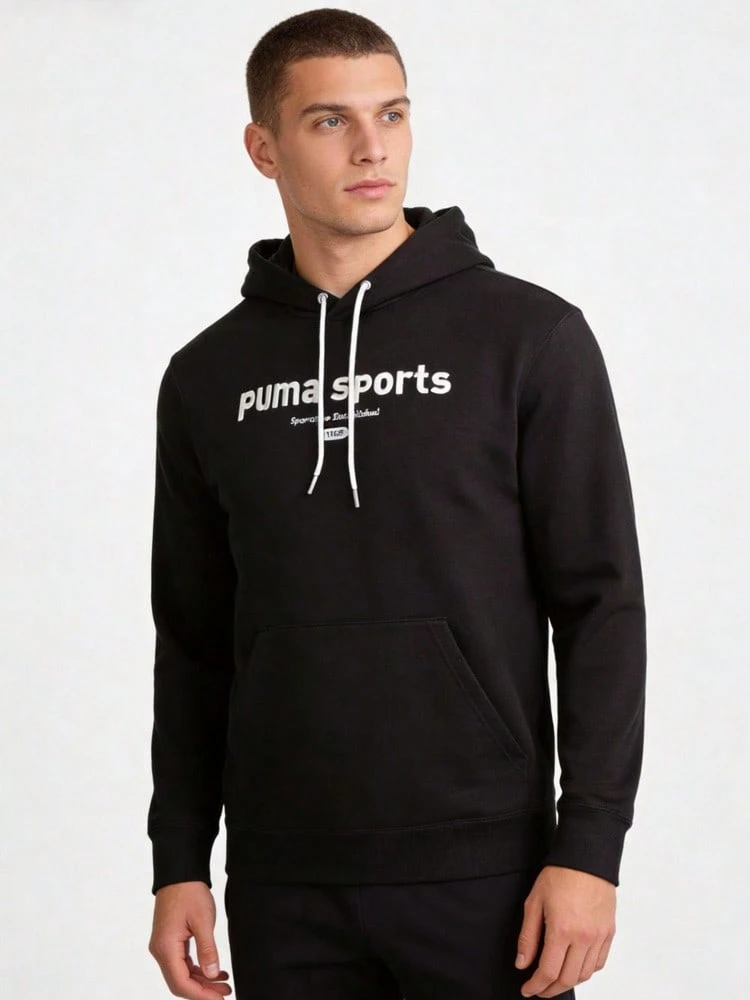 PUMA sweatshirt pullover kasual olahraga dengan hoodie dan cetakan huruf, gaya dasar serbaguna untuk pria. - Hitam - View 1