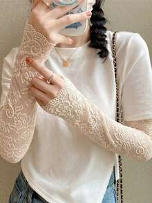 女款優雅蕾絲袖套，花卉刺繡防紫外線防曬袖套，透氣彈性露指手套，夏季時尚配件，輕量針織護臂，適用於戶外、婚禮、派對、辦公室、日常休閒，手洗 - 多色 - 查看 7