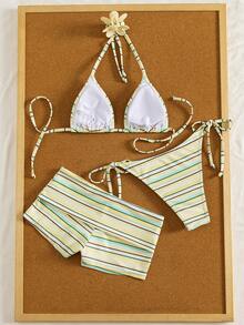 Set Baju Renang Bergaris 3 Potong - Atasan Halter yang Menarik dan Bawahan Renang Pinggang Rendah, Sempurna untuk Liburan Pantai Musim Panas - MultiWarna - View 4