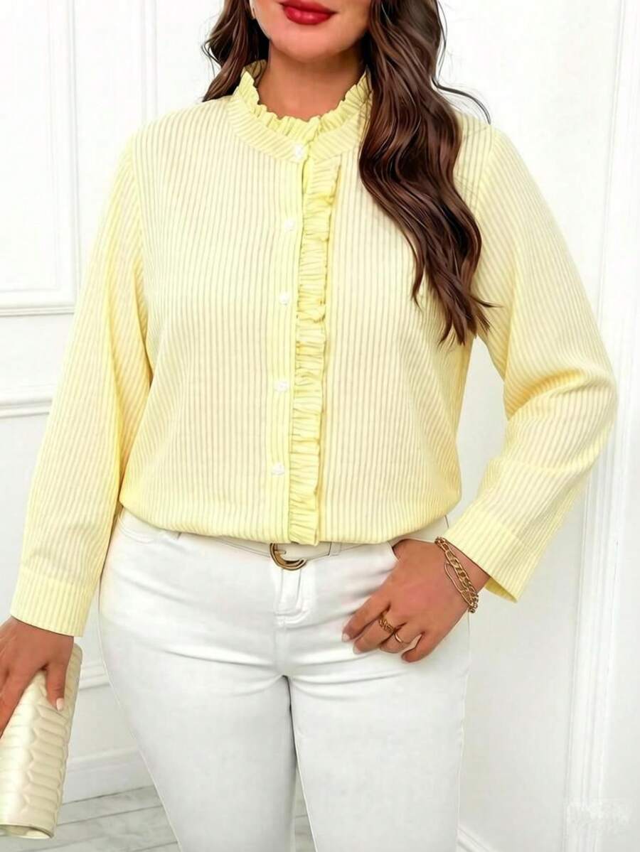 Kemeja Wanita Ukuran Besar Lengan Panjang Bergaris dengan Rumbai, Kasual Longgar, Kancing Tunggal, Warna Kuning - Kuning - View 1