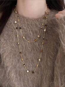 1pc Vintage Distressed Layered Beaded Long Sweater Necklace, Suitable For Women's Daily Commute, Dating, Versatile Wear - Multicolor - View 3