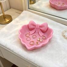 1pc Heart-Shaped Jewelry Tray With Bow Design, Pink Bow Style, Durable Plastic Material, Suitable For Storing Jewelry, Rings And More, Perfect For Vanity, Desk, Bedside Table, Desktop Decoration - Multicolor - View 9