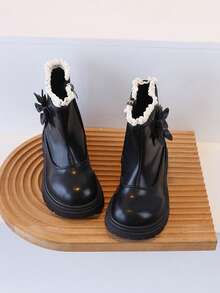 1 Pair Girls' 3D Floral Side Zipper Ankle Boots, Thick Sole Fashion Boots For Autumn/Winter - Black - View 3