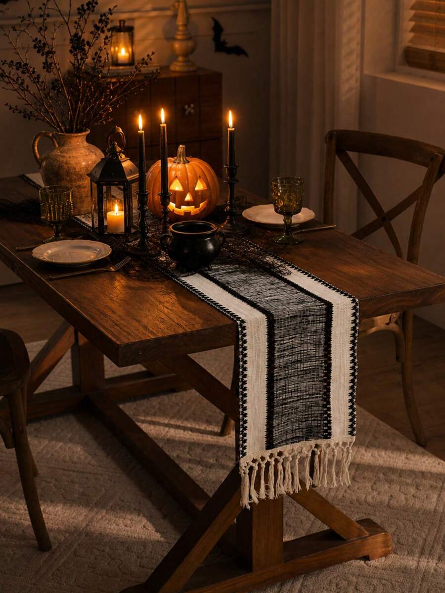Nordic-Bohemian Striped Table Runner: Hand-Woven Tassels For Dining Tables, Round Coffee Tables & Rustic Home Decor,Perfect For Wedding Receptions, Outdoor Parties & Party's Decor Design For Home & Restaurant Decor, Kitchen Dining Table Centerpiece