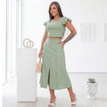Women's Tailored Cropped Ruffle Sleeve Midi Skirt Set Front Slit High Waist Elegant Women's Fashion ✨ - 薄荷綠 - 查看 4