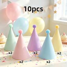 10/20pcs Macaron Color Birthday Party Hat Set, With Soft Plush Pom Pom, Adjustable Elastic Band, Birthday Party, Photo Shoot, Atmosphere Prop - View 7