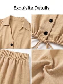 AIJ Women Fall French Casual Two Pieces Set Sleeveless Collared Button Drawstring Crop Top Elastic Waist Jogger Pants Khaki Matching Outfit Elegant Summer - Khaki - View 11
