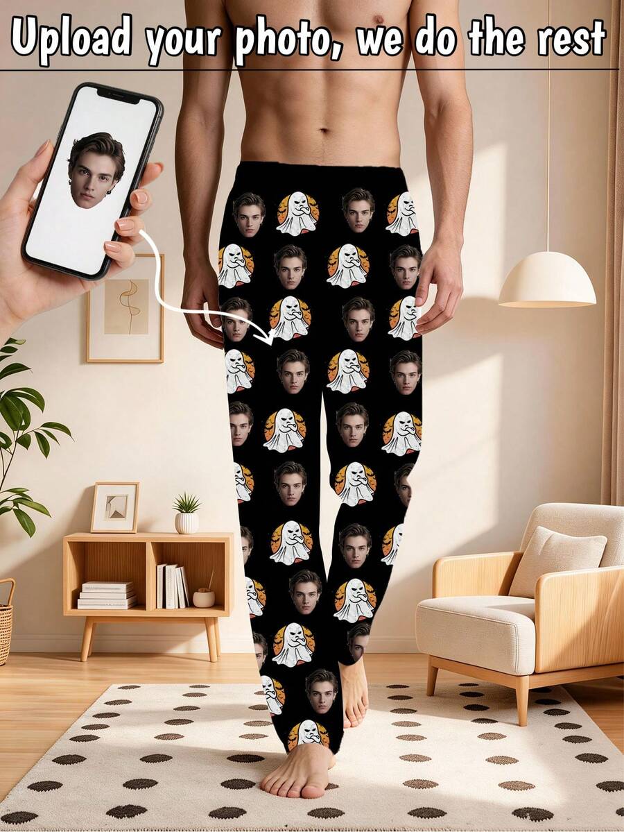 1pc Men's Customized Face Photo Halloween Ghost Moon Pattern Pajama Pants, Personalized Men's Home Sleepwear, Boyfriend Gift - Multicolor - View 1
