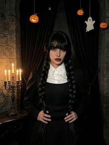 1pc Gothic Black Bangs Double Braids Wig, Dark Halloween Wig, Suitable For Halloween Festival Events, Theme Parties, Costume Parties, Cosplay, Decorative Wig - Multicolor - View 11
