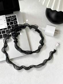 Black Mesh Charger Protection Set - Wrinkled Ribbon Anti-Break Decorative Rope, Suitable For 18/20W Fast Charging Cables And Chargers, Data Cable Protective Sleeve, Prevents Scratches And Stains, Japanese And Korean Style Design, Holiday Gift Choice - Black - View 3