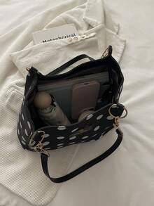 1 pieza Bolso de hombro de moda con patrón de lunares y contraste de color, de poliéster, gran capacidad y cierre de cremallera, adecuado para el uso diario de las mujeres - Blanco y Negro - Ver 9