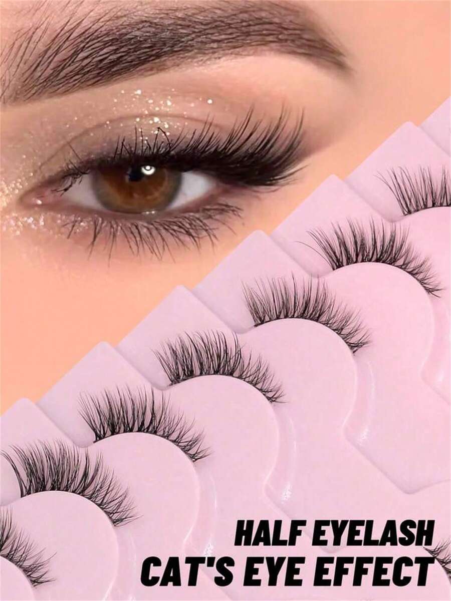 10 Pairs/Box Half-Length False Eyelashes, Transparent Stem, Natural Short Style 5-8mm, Suitable For Small Eyes Girls, Daily Natural Look - 黑色 - 查看 1