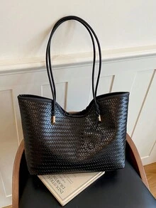 女款大容量高級手提包，時尚百搭休閒極簡通勤單肩托特包 - 黑色 - 查看 11