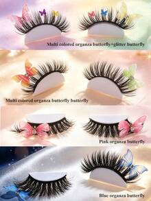 1 Pasang Bulu Mata Palsu Bulu Mink Sintetis Lembut, Dekorasi Kupu-Kupu Organza Warna Campuran dengan Rhinestone, Bulu Mata Strip Dramatis, Organza Kupu-Kupu Warna-Warni untuk Cosplay, Festival Musik, Pesta, Riasan Mata Natal - View 2