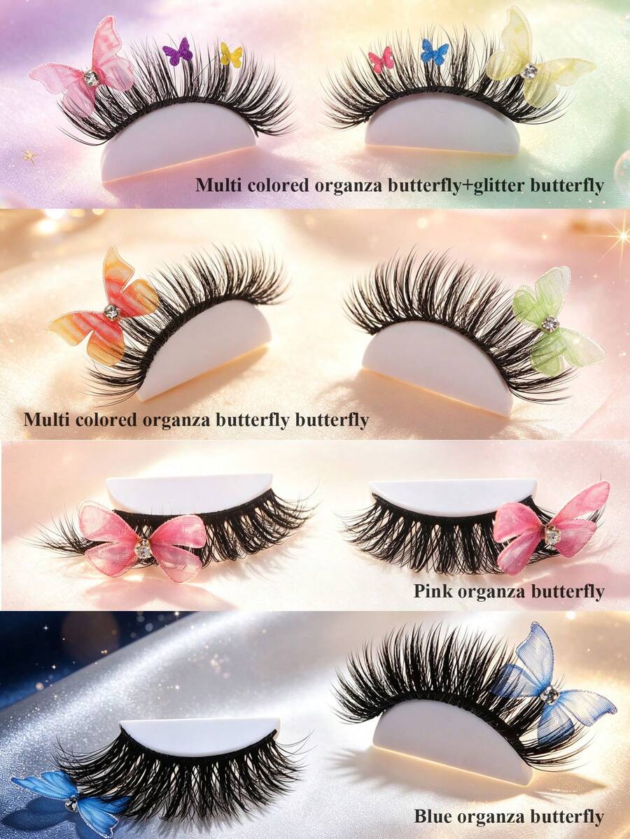 1 Pasang Bulu Mata Palsu Bulu Mink Sintetis Lembut, Dekorasi Kupu-Kupu Organza Warna Campuran dengan Rhinestone, Bulu Mata Strip Dramatis, Organza Kupu-Kupu Warna-Warni untuk Cosplay, Festival Musik, Pesta, Riasan Mata Natal