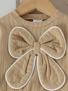 2pcs Infant/Toddler (Girl) Sweet Large Bow Knitted Long Sleeve Top & White Skirt Set, Thin Fabric, Spring/Autumn, Preppy Style - Apricot - View 4