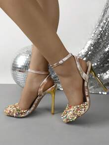 Sandalias de tacón alto con punta cuadrada sin cordones de moda primavera/verano - Albaricoque - Ver 7